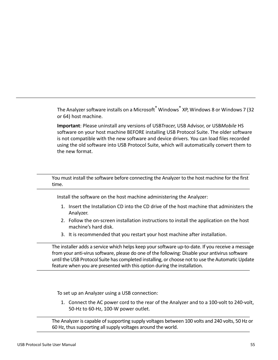 Installation, 2 setting up the analyzer - usb connection, Chapter 3: installation | Chapter 3 | Teledyne LeCroy USB Protocol Suite User Manual (Voyager_Advisor T3_Mercury) User Manual | Page 55 / 414