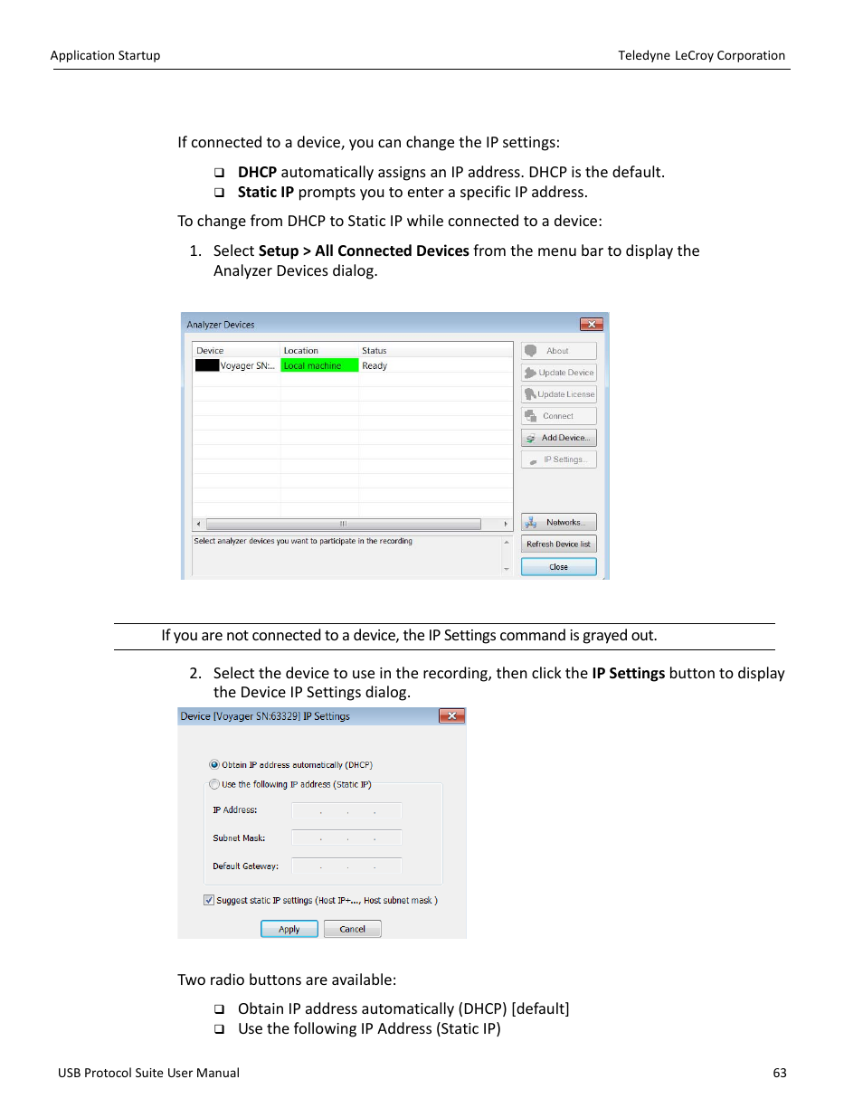 3 ip settings (voyager only) | Teledyne LeCroy USB Protocol Suite User Manual (Voyager_Advisor T3_Mercury) User Manual | Page 63 / 414