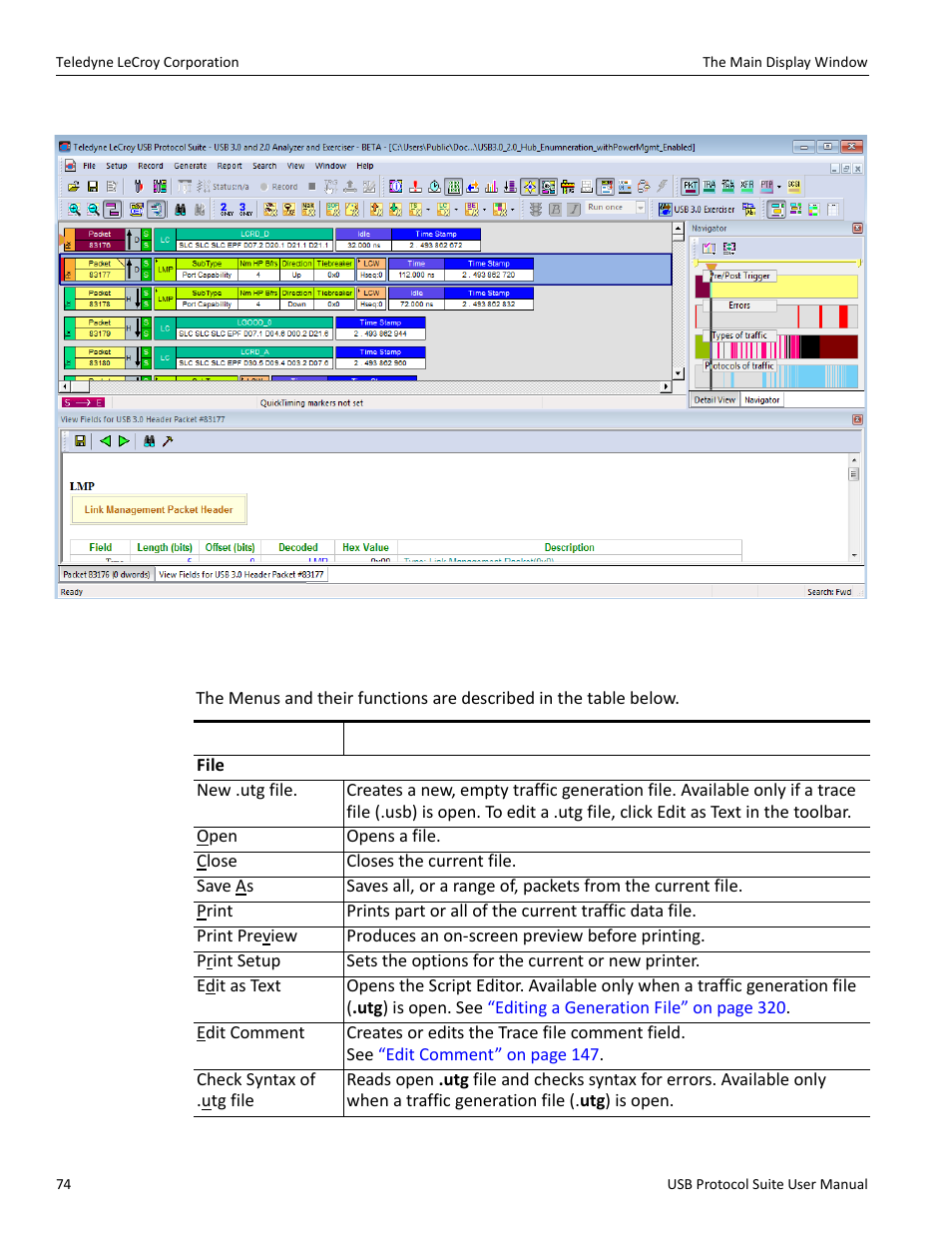 2 the main display window | Teledyne LeCroy USB Protocol Suite User Manual (Voyager_Advisor T3_Mercury) User Manual | Page 74 / 414