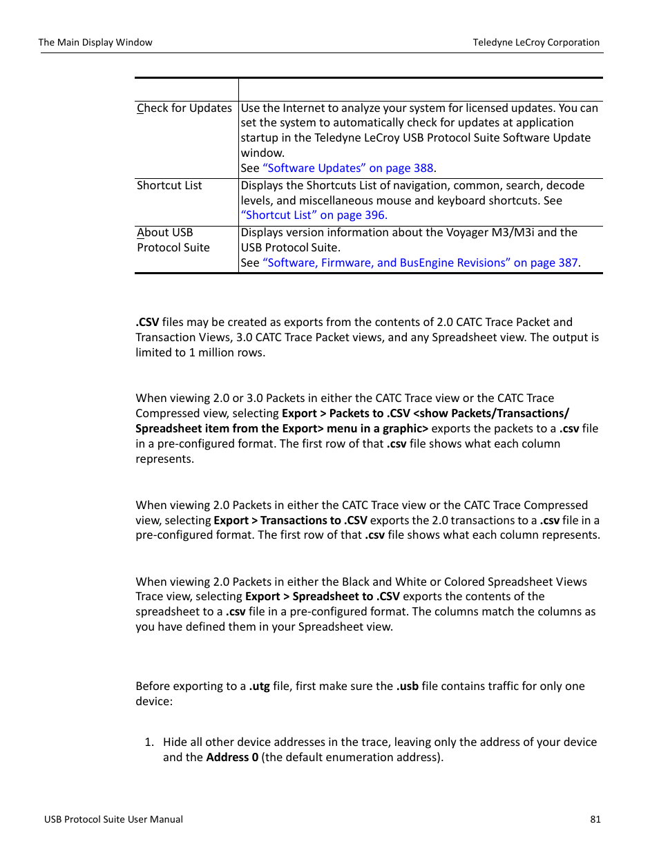 1 exports to .csv, Export packets to .csv, Export transactions to .csv | Export spreadsheet view to .csv, Exporting packets to usb 2.0 host traffic | Teledyne LeCroy USB Protocol Suite User Manual (Voyager_Advisor T3_Mercury) User Manual | Page 81 / 414