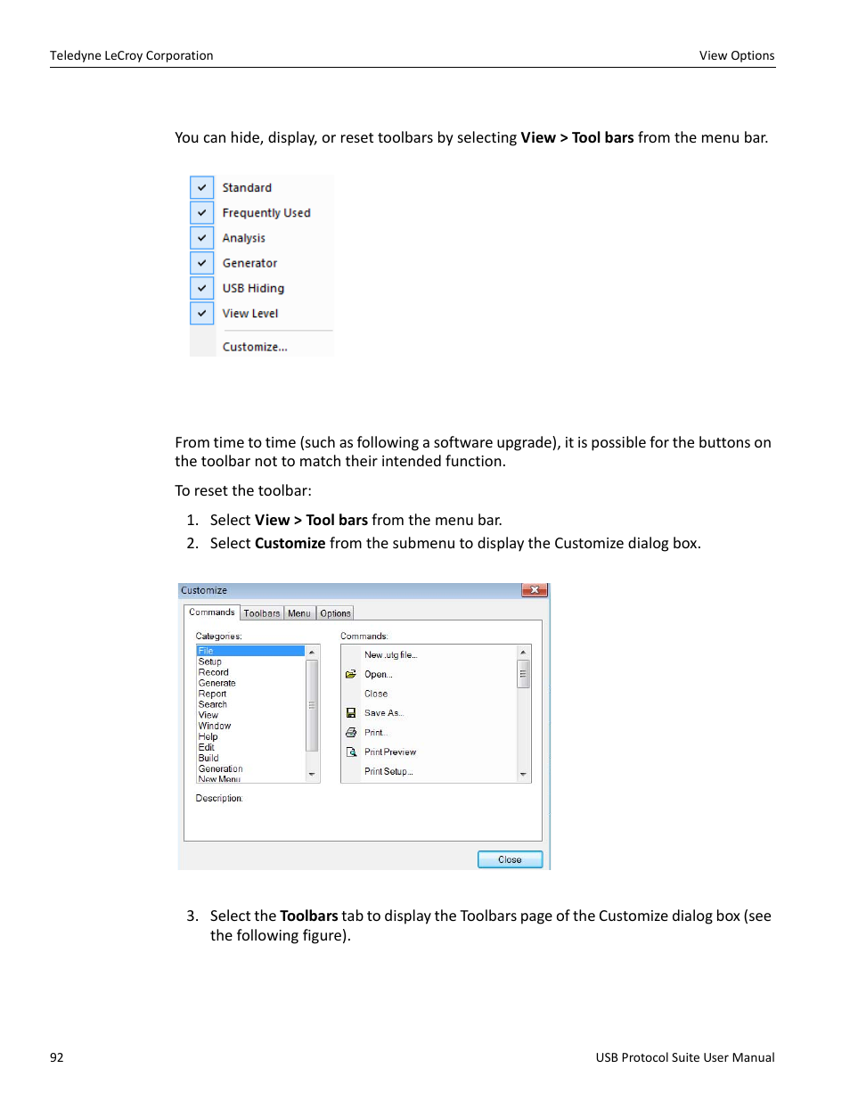 5 view options, 1 resetting the toolbar | Teledyne LeCroy USB Protocol Suite User Manual (Voyager_Advisor T3_Mercury) User Manual | Page 92 / 414