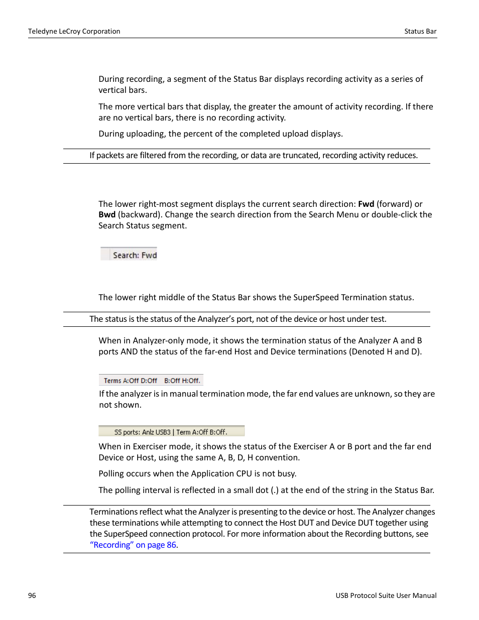 3 recording activity, 4 search status, 5 superspeed termination status | Teledyne LeCroy USB Protocol Suite User Manual (Voyager_Advisor T3_Mercury) User Manual | Page 96 / 414