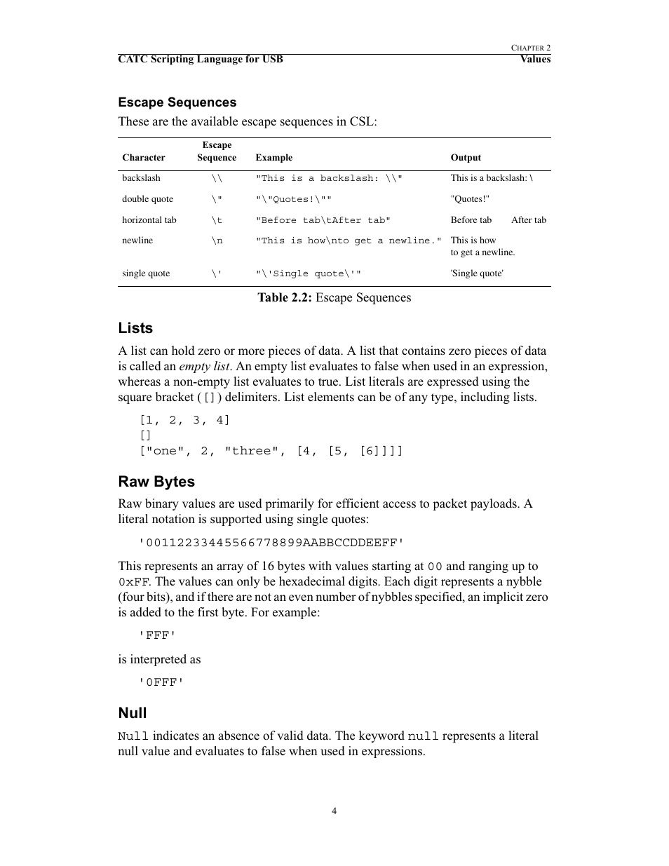 Escape sequences, Lists, Raw bytes | Null, Lists raw bytes null | Teledyne LeCroy USB Script Decode Manual User Manual | Page 10 / 90