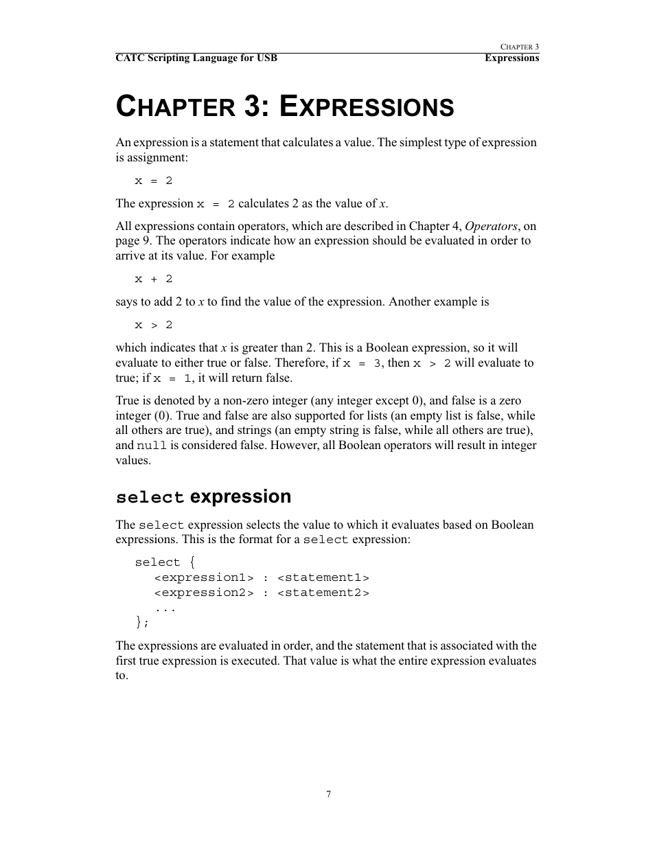 Chapter 3: expressions, Select expression, 3 expressions | Select, Hapter, Xpressions | Teledyne LeCroy USB Script Decode Manual User Manual | Page 13 / 90