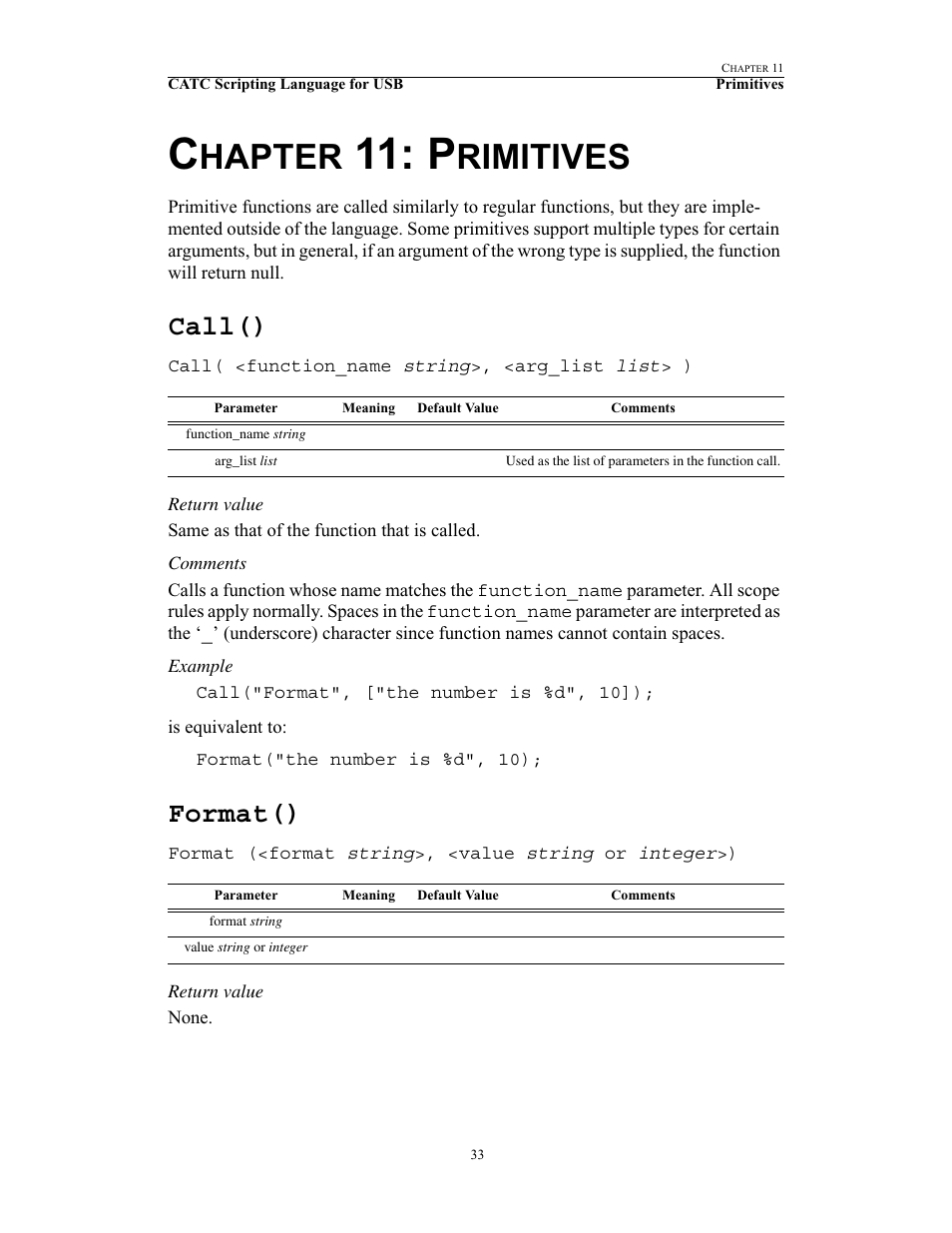 Chapter 11: primitives, Call(), Format() | 11 primitives, Call() format(), Hapter, Rimitives | Teledyne LeCroy USB Script Decode Manual User Manual | Page 39 / 90