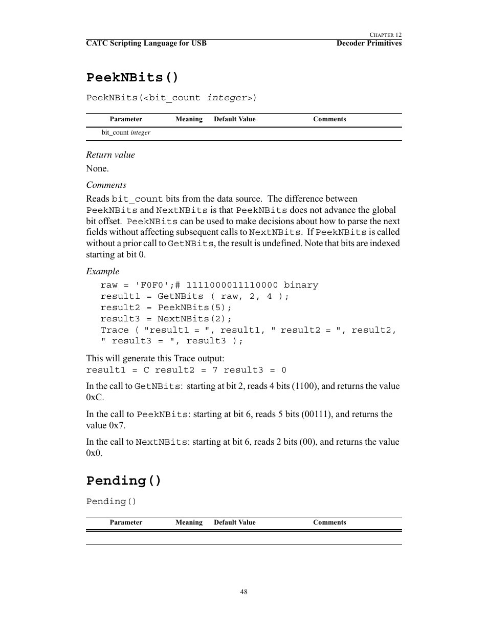 Peeknbits(), Pending(), Peeknbits() pending() | Teledyne LeCroy USB Script Decode Manual User Manual | Page 54 / 90