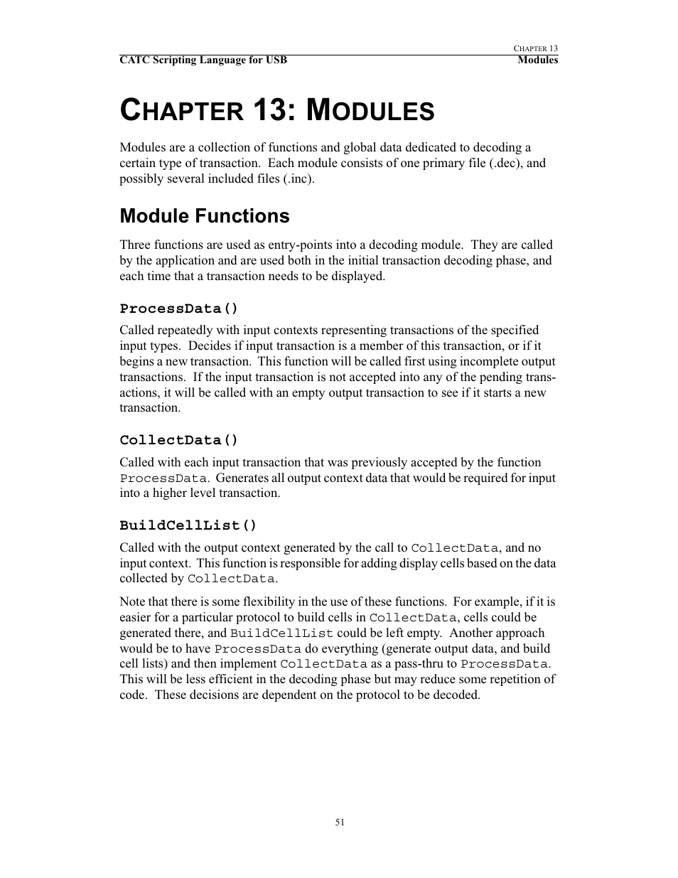 Chapter 13: modules, Module functions, Processdata() | Collectdata(), Buildcelllist(), 13 modules, Processdata() collectdata() buildcelllist(), Hapter, Odules | Teledyne LeCroy USB Script Decode Manual User Manual | Page 57 / 90