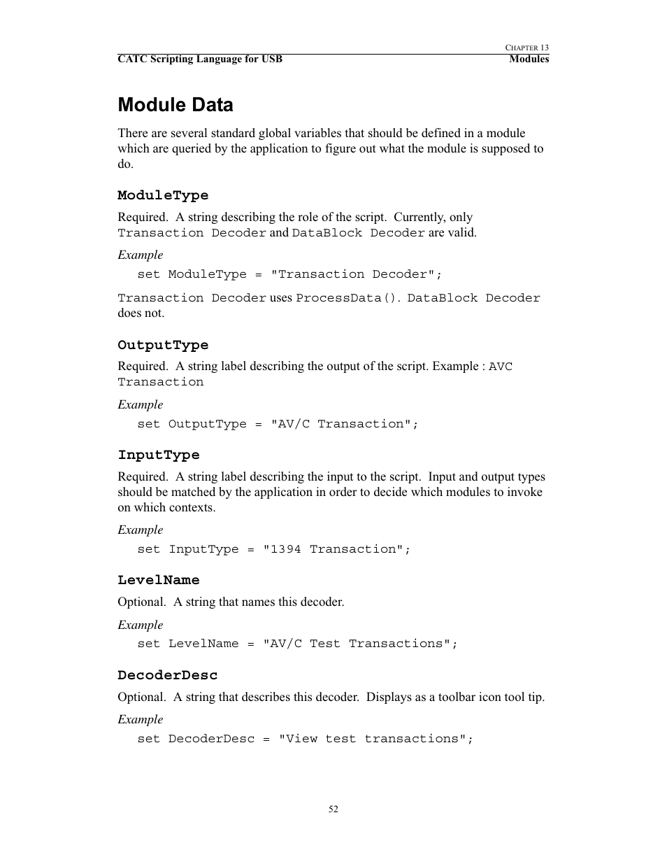 Module data, Moduletype, Outputtype | Inputtype, Levelname, Decoderdesc | Teledyne LeCroy USB Script Decode Manual User Manual | Page 58 / 90