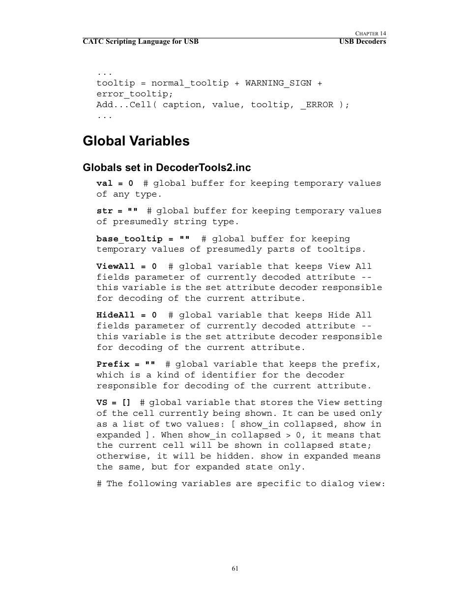 Global variables, Globals set in decodertools2.inc | Teledyne LeCroy USB Script Decode Manual User Manual | Page 67 / 90