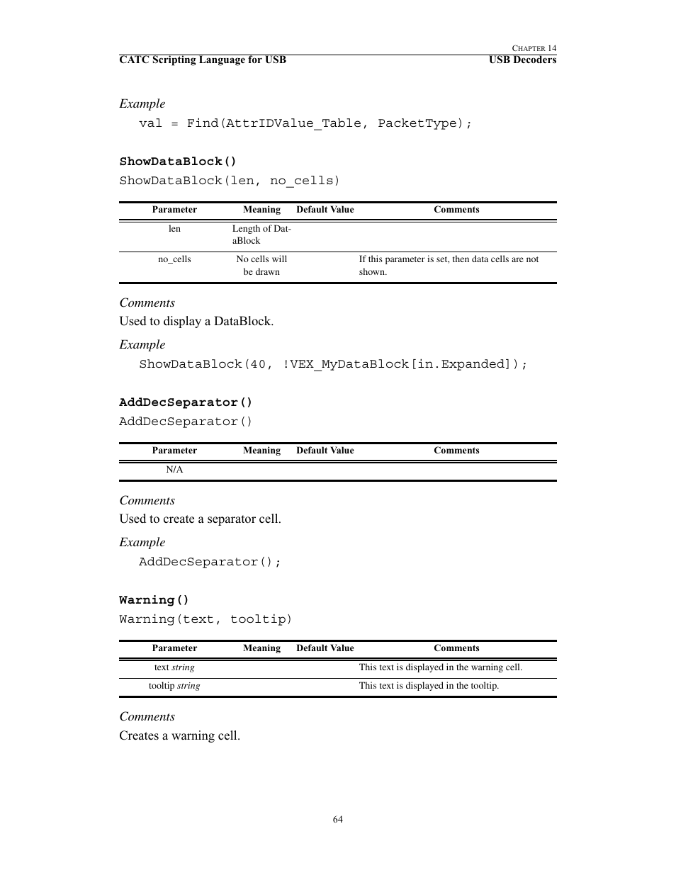 Showdatablock(), Adddecseparator(), Warning() | Showdatablock() adddecseparator() warning() | Teledyne LeCroy USB Script Decode Manual User Manual | Page 70 / 90