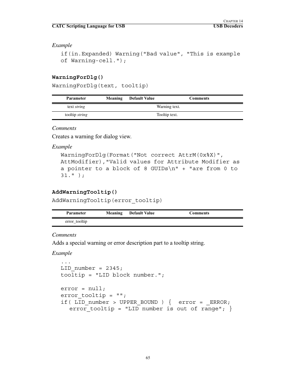 Warningfordlg(), Addwarningtooltip(), Warningfordlg() addwarningtooltip() | Teledyne LeCroy USB Script Decode Manual User Manual | Page 71 / 90