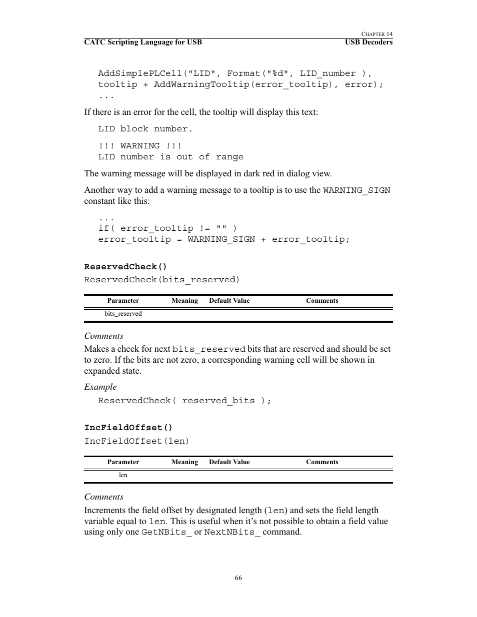 Reservedcheck(), Incfieldoffset(), Reservedcheck() incfieldoffset() | Teledyne LeCroy USB Script Decode Manual User Manual | Page 72 / 90