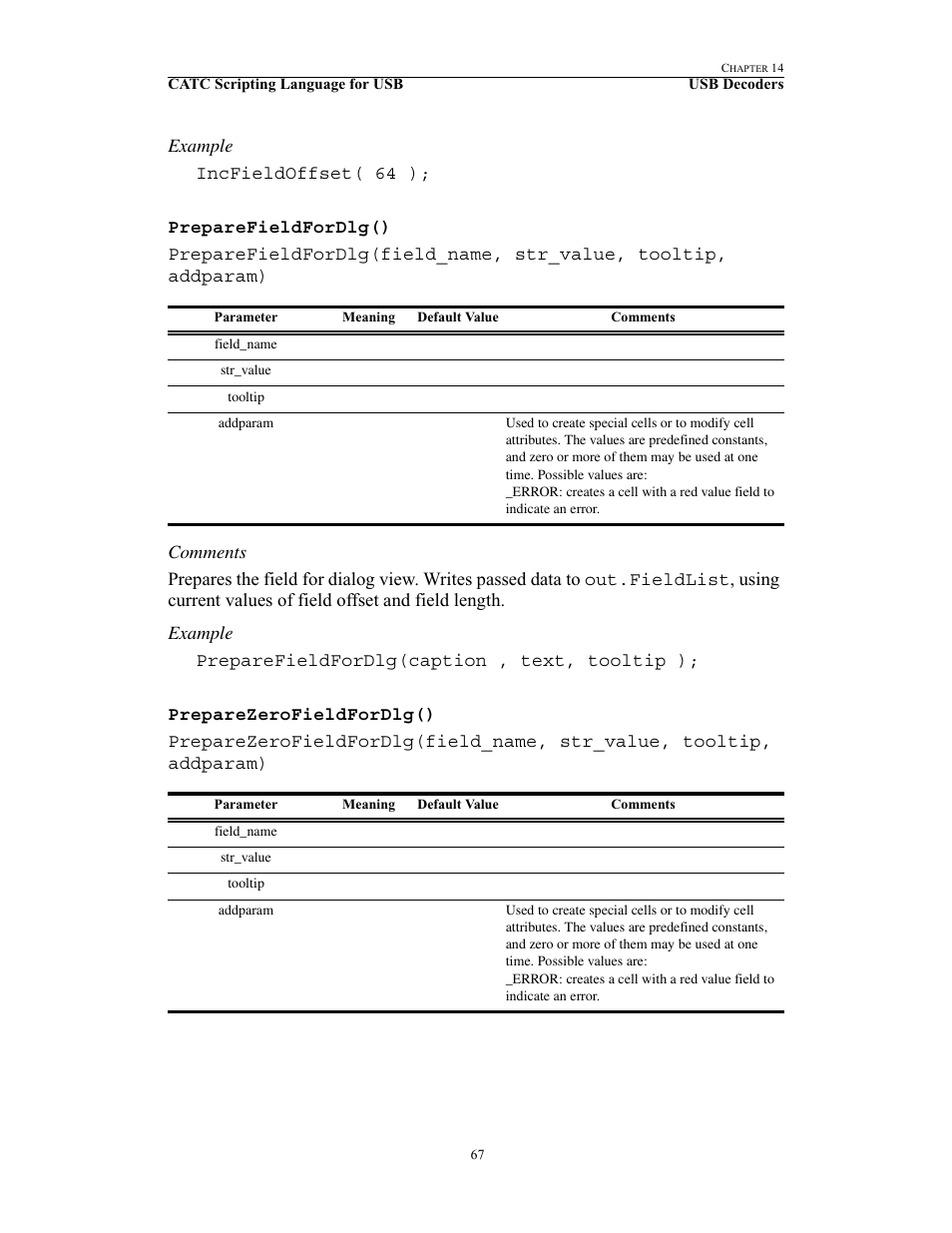 Preparefieldfordlg(), Preparezerofieldfordlg() | Teledyne LeCroy USB Script Decode Manual User Manual | Page 73 / 90