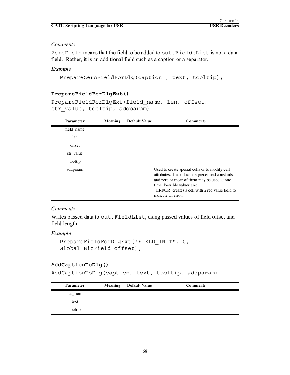Preparefieldfordlgext(), Addcaptiontodlg(), Preparefieldfordlgext() addcaptiontodlg() | Teledyne LeCroy USB Script Decode Manual User Manual | Page 74 / 90