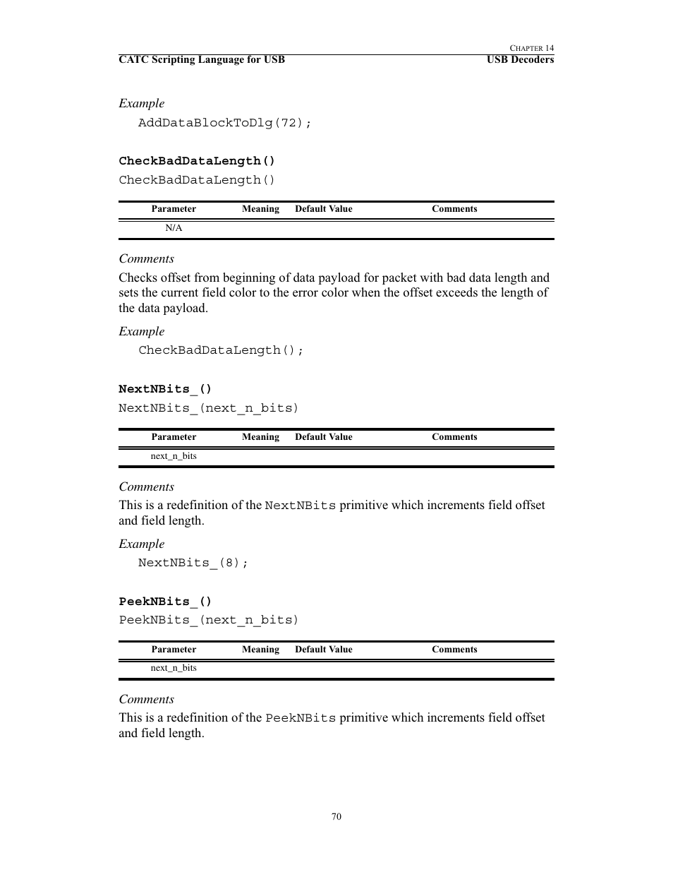 Checkbaddatalength(), Nextnbits_(), Peeknbits_() | Checkbaddatalength() nextnbits_() peeknbits_() | Teledyne LeCroy USB Script Decode Manual User Manual | Page 76 / 90