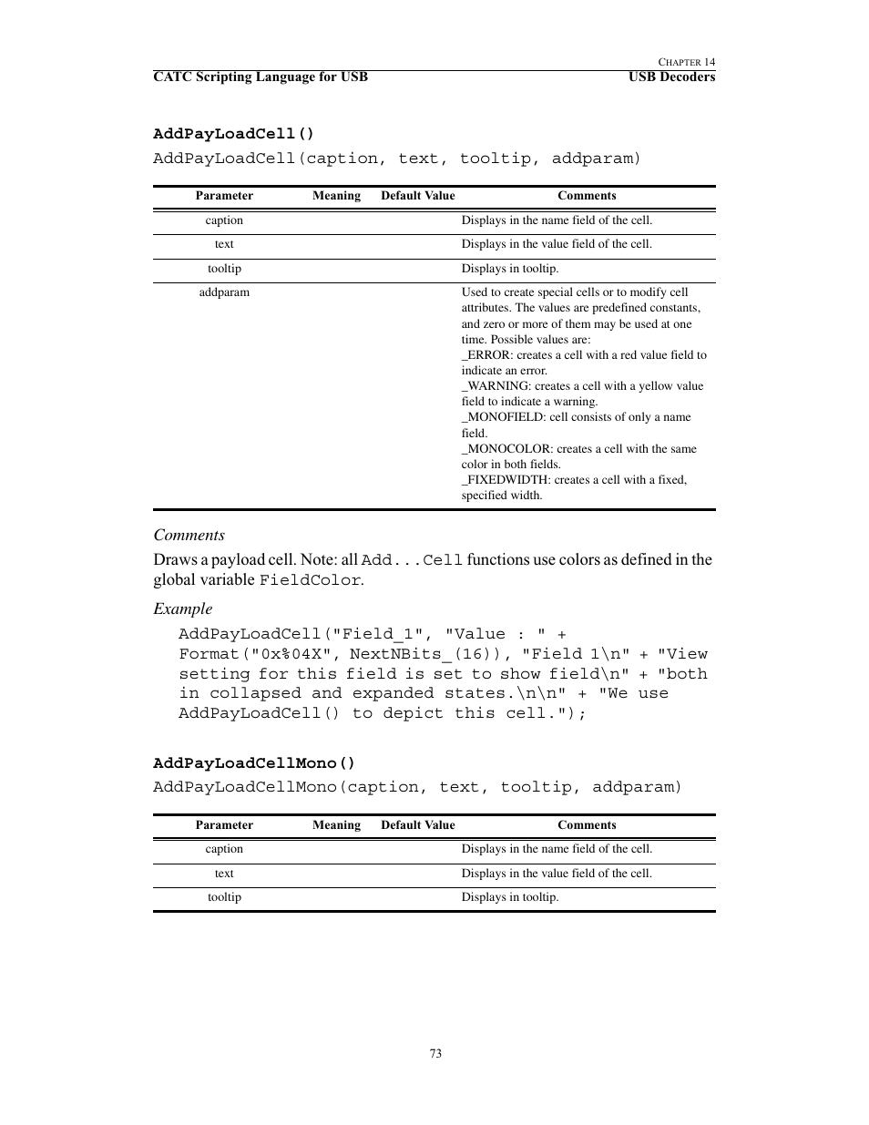 Addpayloadcell(), Addpayloadcellmono(), Addpayloadcell() addpayloadcellmono() | Teledyne LeCroy USB Script Decode Manual User Manual | Page 79 / 90