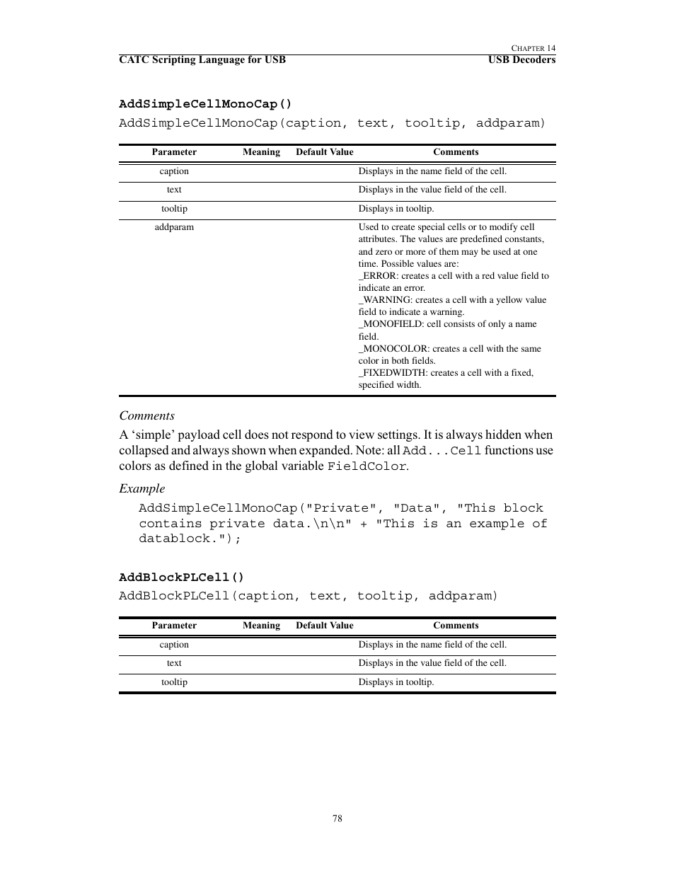 Addsimplecellmonocap(), Addblockplcell(), Addsimplecellmonocap() addblockplcell() | Teledyne LeCroy USB Script Decode Manual User Manual | Page 84 / 90