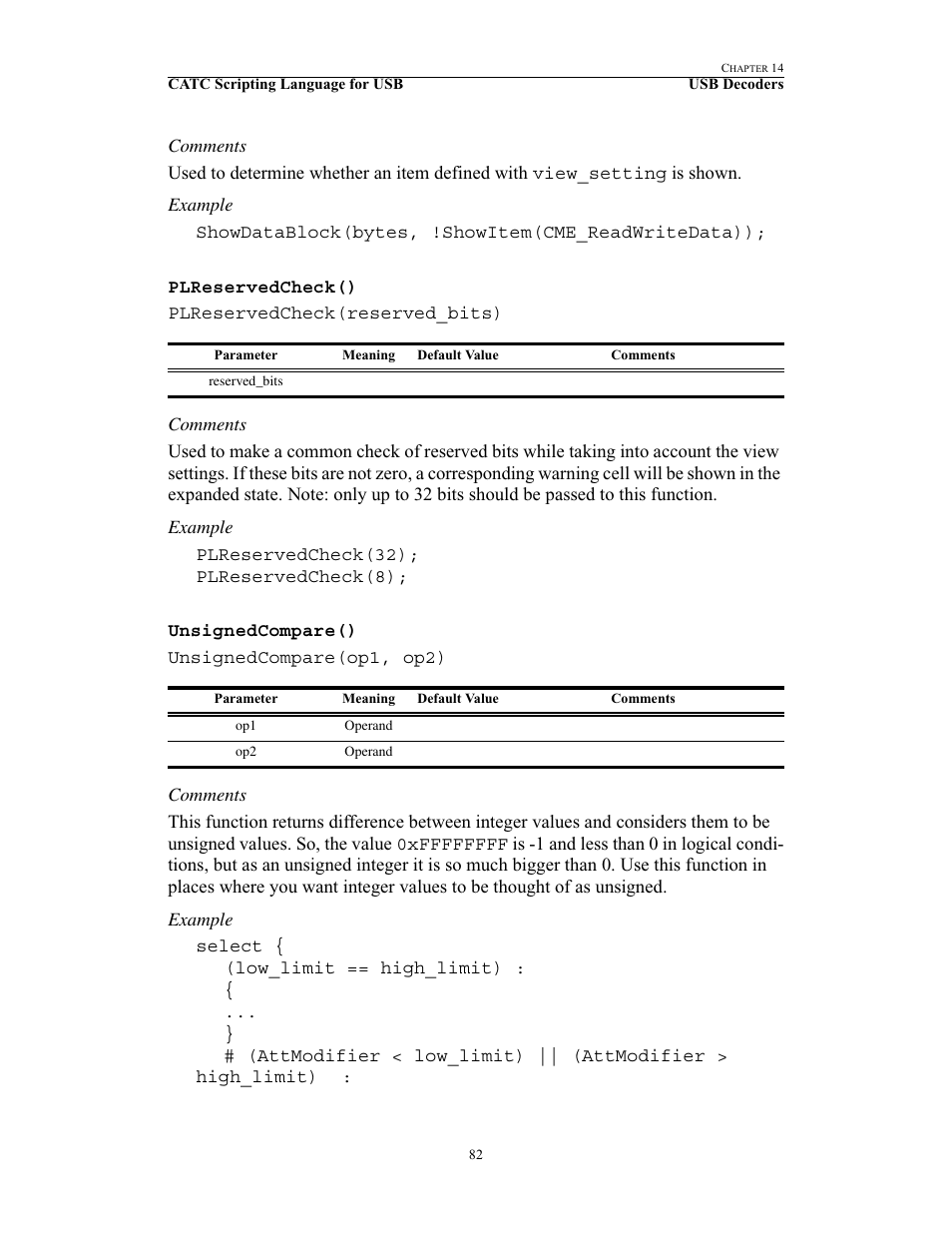 Plreservedcheck(), Unsignedcompare(), Plreservedcheck() unsignedcompare() | Teledyne LeCroy USB Script Decode Manual User Manual | Page 88 / 90