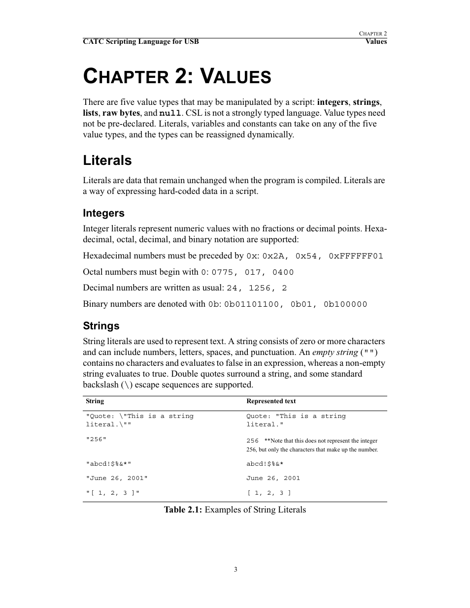 Chapter 2: values, Literals, Integers | Strings, 2 values, Integers strings, Hapter, Alues | Teledyne LeCroy USB Script Decode Manual User Manual | Page 9 / 90