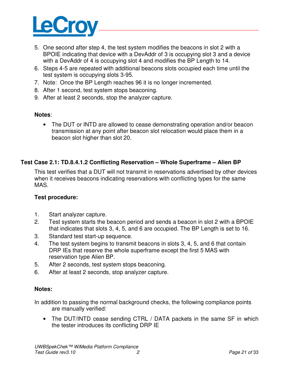 Teledyne LeCroy UWBSpekChek and WiMedia Platform Test User Guide User Manual | Page 21 / 33