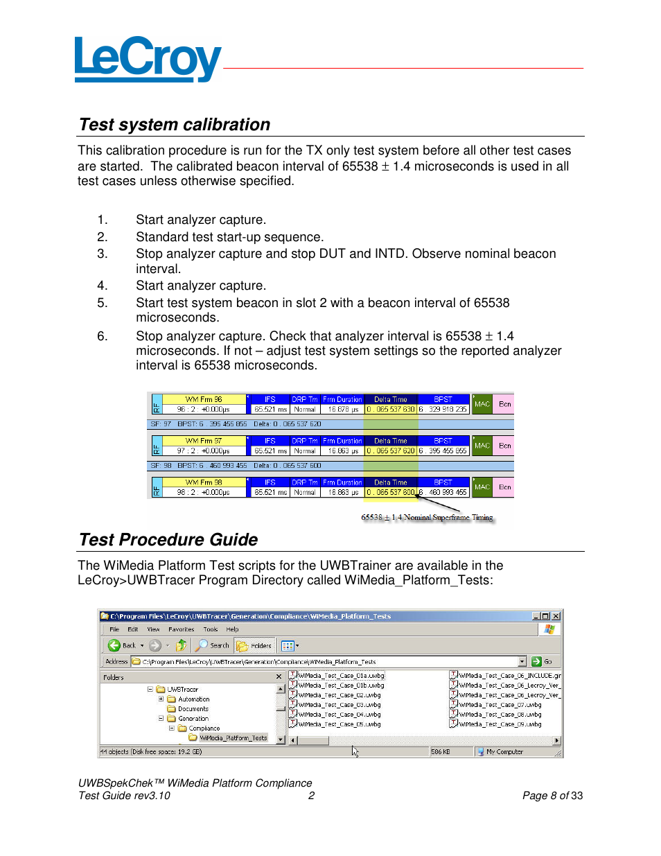 Test system calibration, Test procedure guide | Teledyne LeCroy UWBSpekChek and WiMedia Platform Test User Guide User Manual | Page 8 / 33