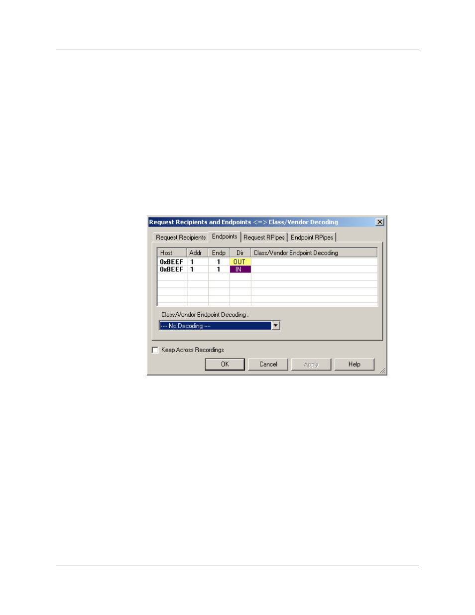 Mapping endpoint to class/vendor decoding, Figure 7.3 endpoints dialog box | Teledyne LeCroy UWBTracer User Manual User Manual | Page 105 / 334