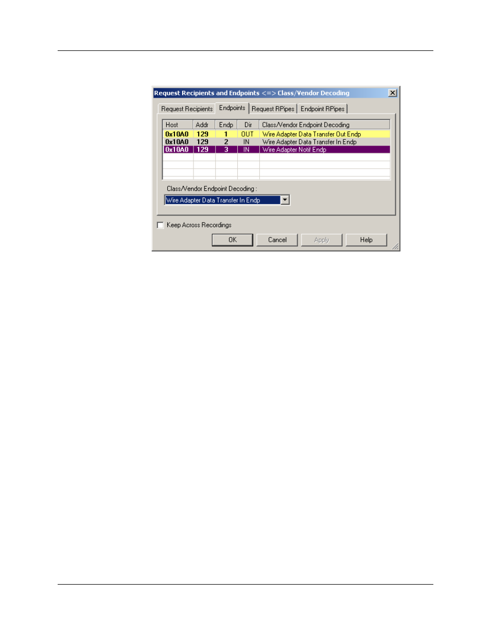 Figure 7.4 class/vendor endpoint coding menu | Teledyne LeCroy UWBTracer User Manual User Manual | Page 106 / 334