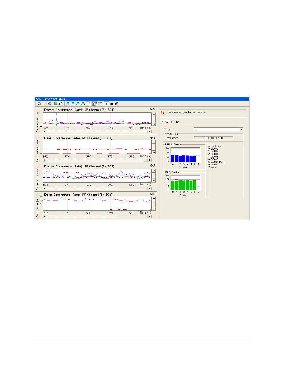 5 real-time statistics, Changing devices, Figure 9.17 real-time statistics window | Teledyne LeCroy UWBTracer User Manual User Manual | Page 135 / 334