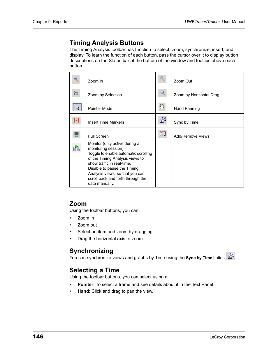 Timing analysis buttons, Zoom, Synchronizing | Selecting a time | Teledyne LeCroy UWBTracer User Manual User Manual | Page 164 / 334