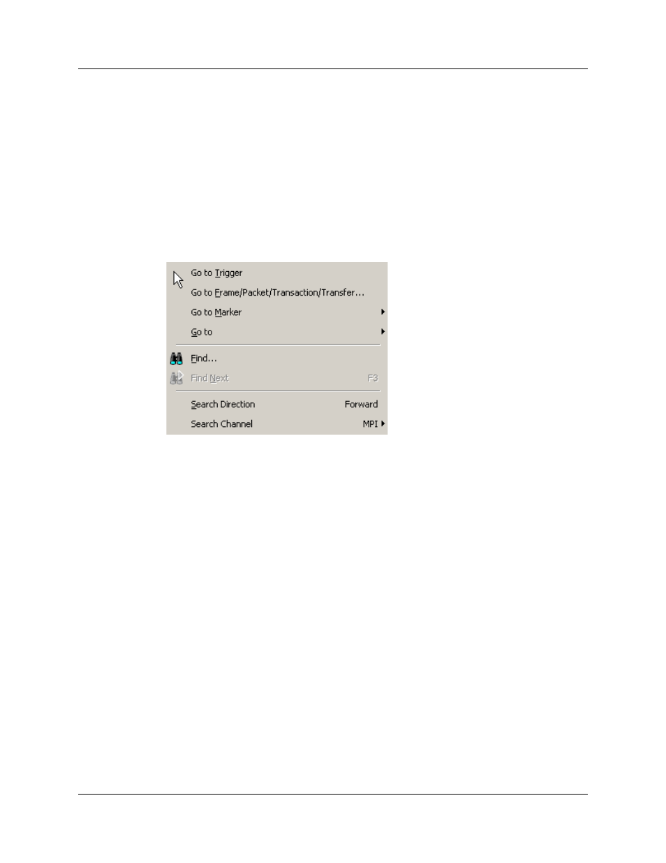 Chapter 5: searching traces, 1 trace search overview, 2 go to trigger | Chapter 5, Searching traces, 1 trace search overview 5.2 go to trigger, Figure 5.1 search menu | Teledyne LeCroy UWBTracer User Manual User Manual | Page 73 / 334