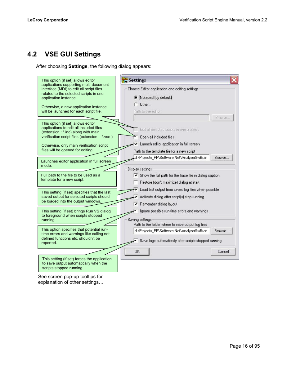 Vse gui settings, Vse gui s, Ettings | 2 vse gui settings | Teledyne LeCroy UWBTracer Verification Script Engine Manual User Manual | Page 16 / 95