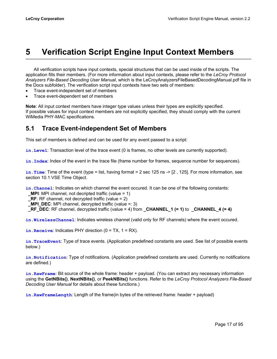 Verification script engine input context members, Trace event-independent set of members, Race | Vent, Independent, Et of, Embers, 5verification script engine input context members, 1 trace event-independent set of members | Teledyne LeCroy UWBTracer Verification Script Engine Manual User Manual | Page 17 / 95