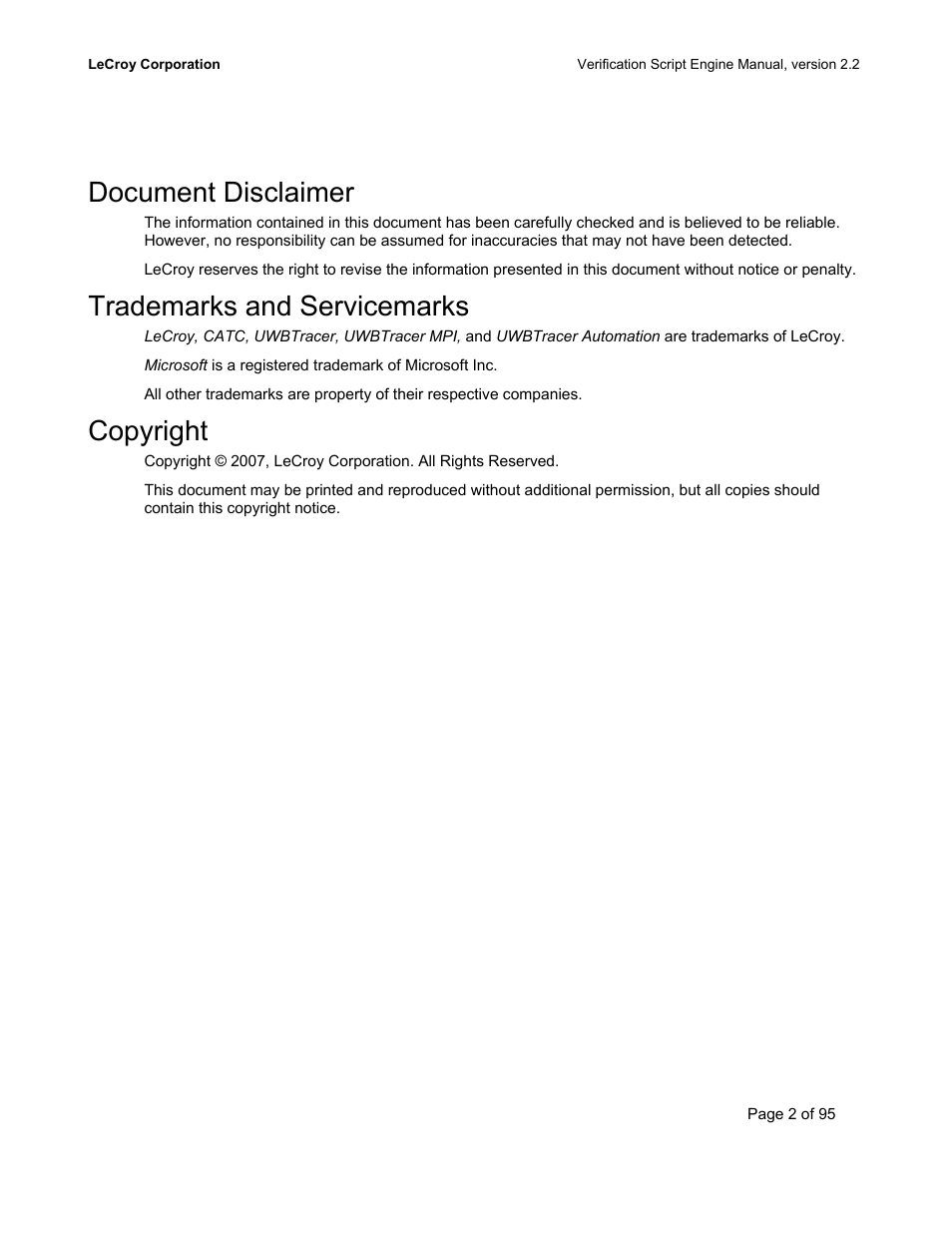 Copyright, Document disclaimer, Trademarks and servicemarks | Teledyne LeCroy UWBTracer Verification Script Engine Manual User Manual | Page 2 / 95