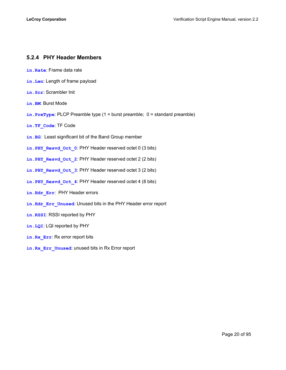 Phy header members | Teledyne LeCroy UWBTracer Verification Script Engine Manual User Manual | Page 20 / 95