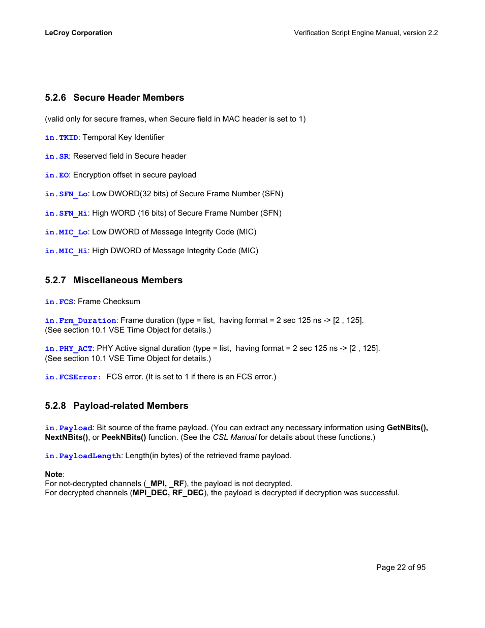 Secure header members, Miscellaneous members, Payload-related members | Teledyne LeCroy UWBTracer Verification Script Engine Manual User Manual | Page 22 / 95