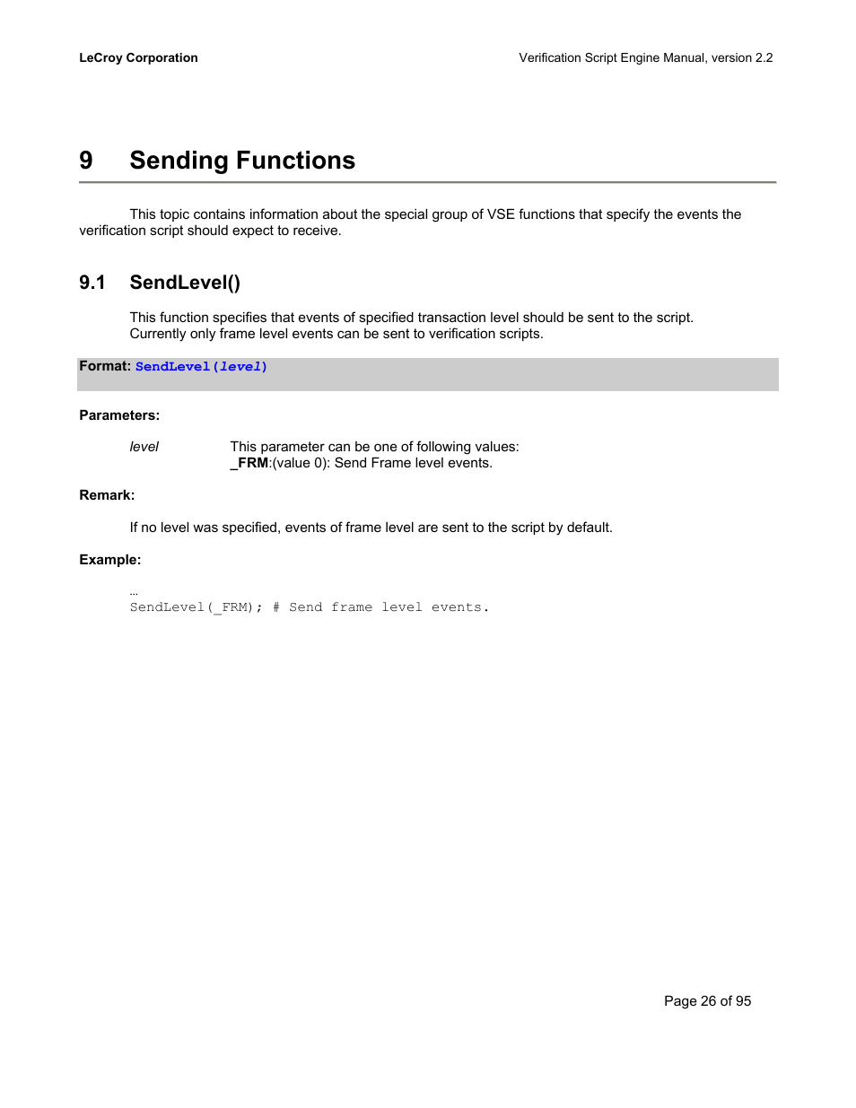 Sending functions, Sendlevel(), Evel | 9 sending functions, 1 sendlevel() | Teledyne LeCroy UWBTracer Verification Script Engine Manual User Manual | Page 26 / 95