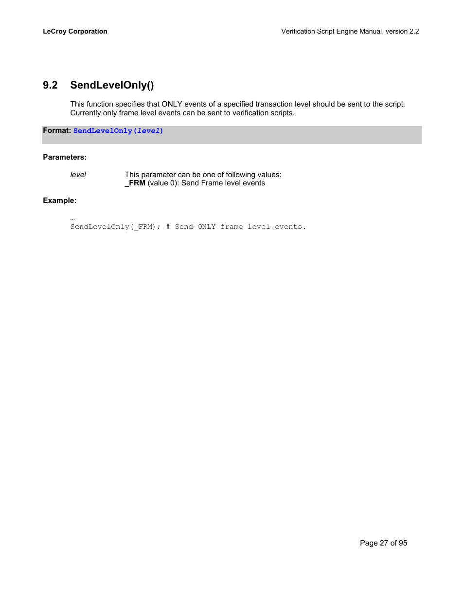 Sendlevelonly(), Evel, 2 sendlevelonly() | Teledyne LeCroy UWBTracer Verification Script Engine Manual User Manual | Page 27 / 95