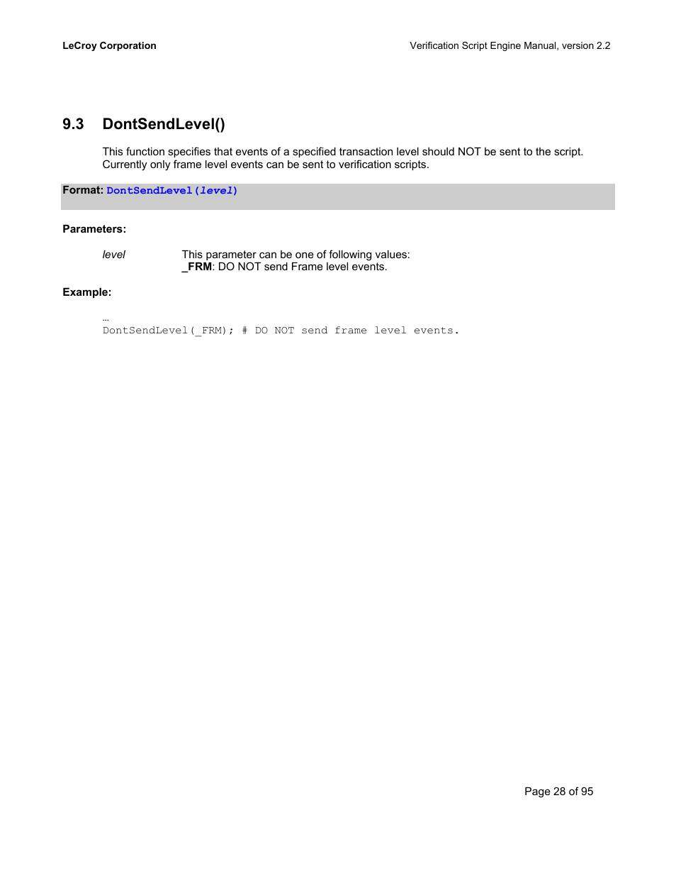 Dontsendlevel(), Evel, 3 dontsendlevel() | Teledyne LeCroy UWBTracer Verification Script Engine Manual User Manual | Page 28 / 95