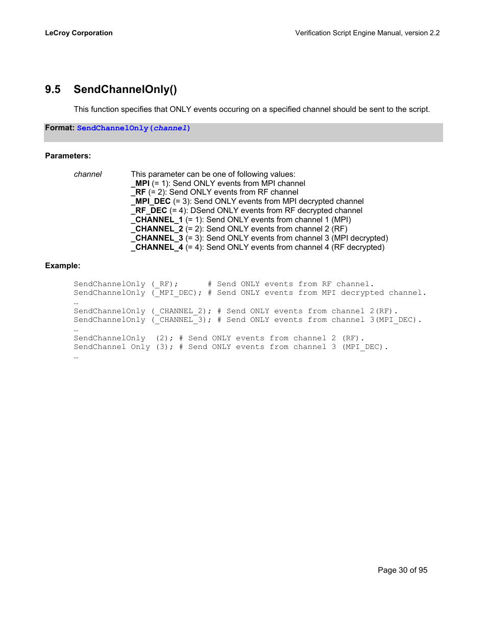 Sendchannelonly(), Hannel, 5 sendchannelonly() | Teledyne LeCroy UWBTracer Verification Script Engine Manual User Manual | Page 30 / 95