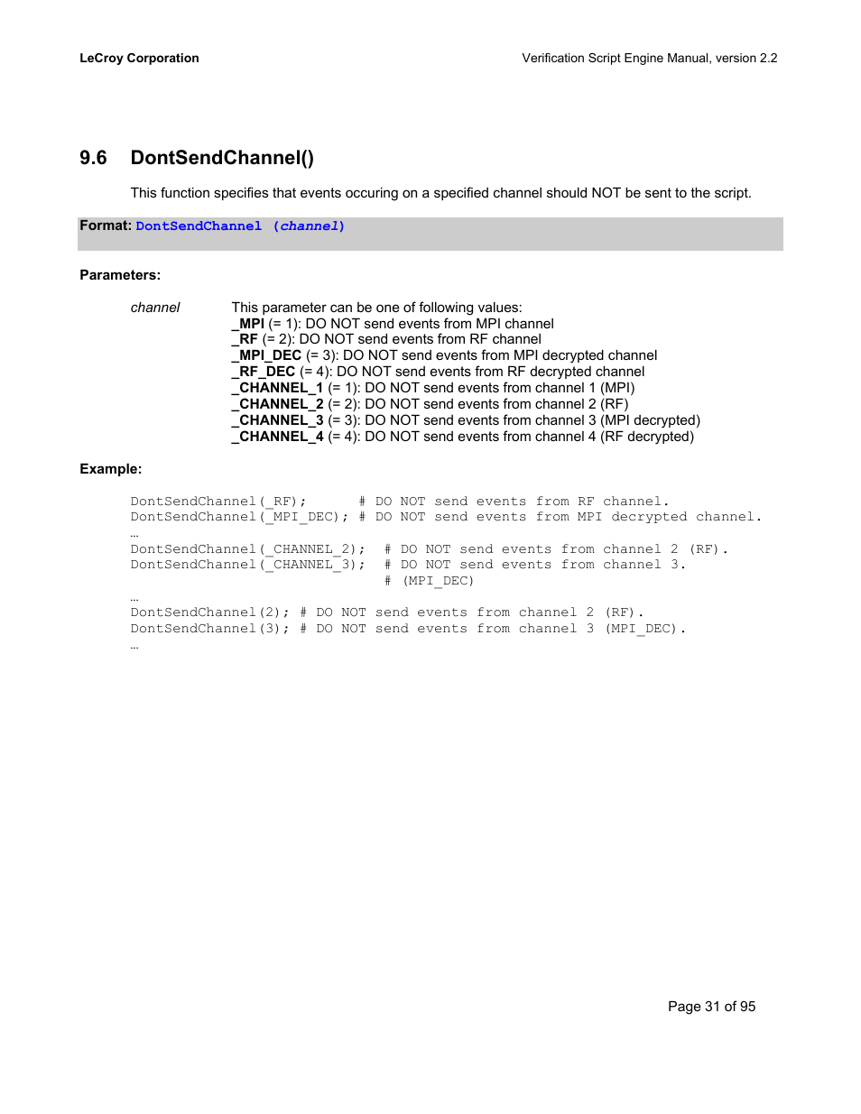 Dontsendchannel(), Hannel, 6 dontsendchannel() | Teledyne LeCroy UWBTracer Verification Script Engine Manual User Manual | Page 31 / 95