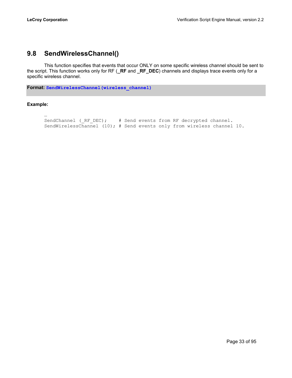 Sendwirelesschannel(), Ireless, Hannel | 8 sendwirelesschannel() | Teledyne LeCroy UWBTracer Verification Script Engine Manual User Manual | Page 33 / 95