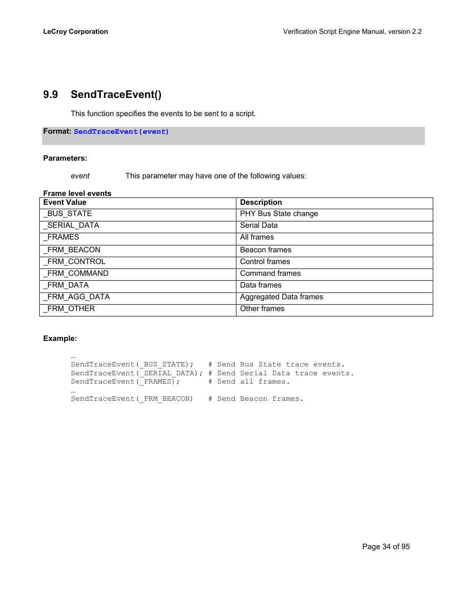 Sendtraceevent(), Race, Vent | 9 sendtraceevent() | Teledyne LeCroy UWBTracer Verification Script Engine Manual User Manual | Page 34 / 95