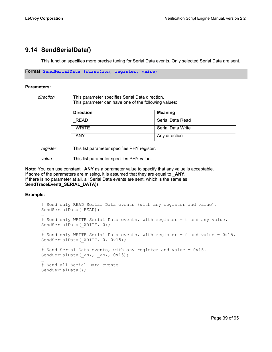 Sendserialdata(), Erial, 14 sendserialdata() | Teledyne LeCroy UWBTracer Verification Script Engine Manual User Manual | Page 39 / 95
