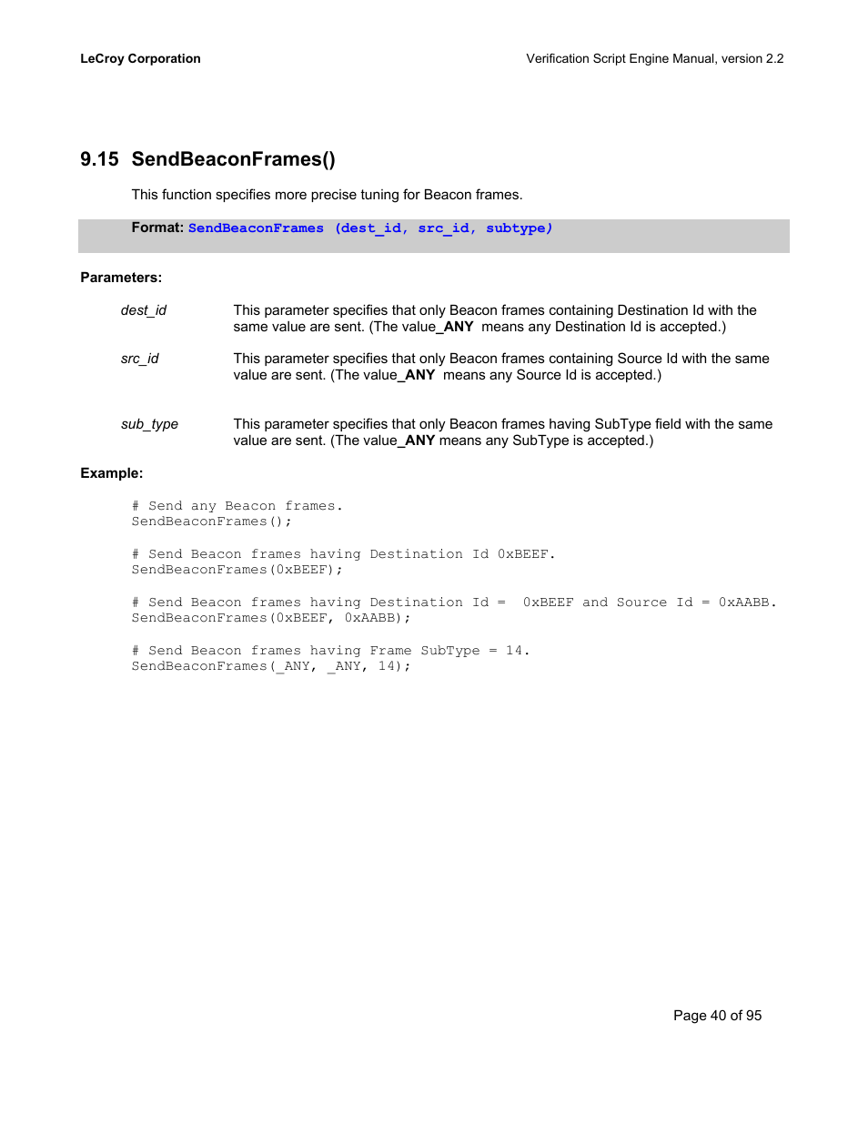 Sendbeaconframes(), Eacon, Rames | 15 sendbeaconframes() | Teledyne LeCroy UWBTracer Verification Script Engine Manual User Manual | Page 40 / 95