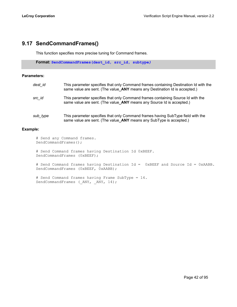 Sendcommandframes(), Ommand, Rames | 17 sendcommandframes() | Teledyne LeCroy UWBTracer Verification Script Engine Manual User Manual | Page 42 / 95