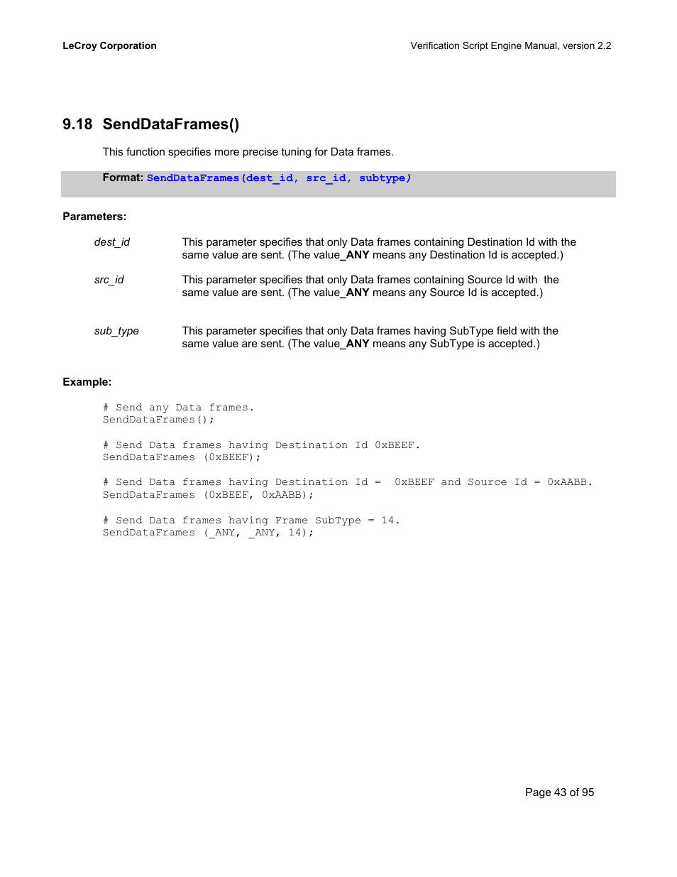 Senddataframes(), Rames, 18 senddataframes() | Teledyne LeCroy UWBTracer Verification Script Engine Manual User Manual | Page 43 / 95