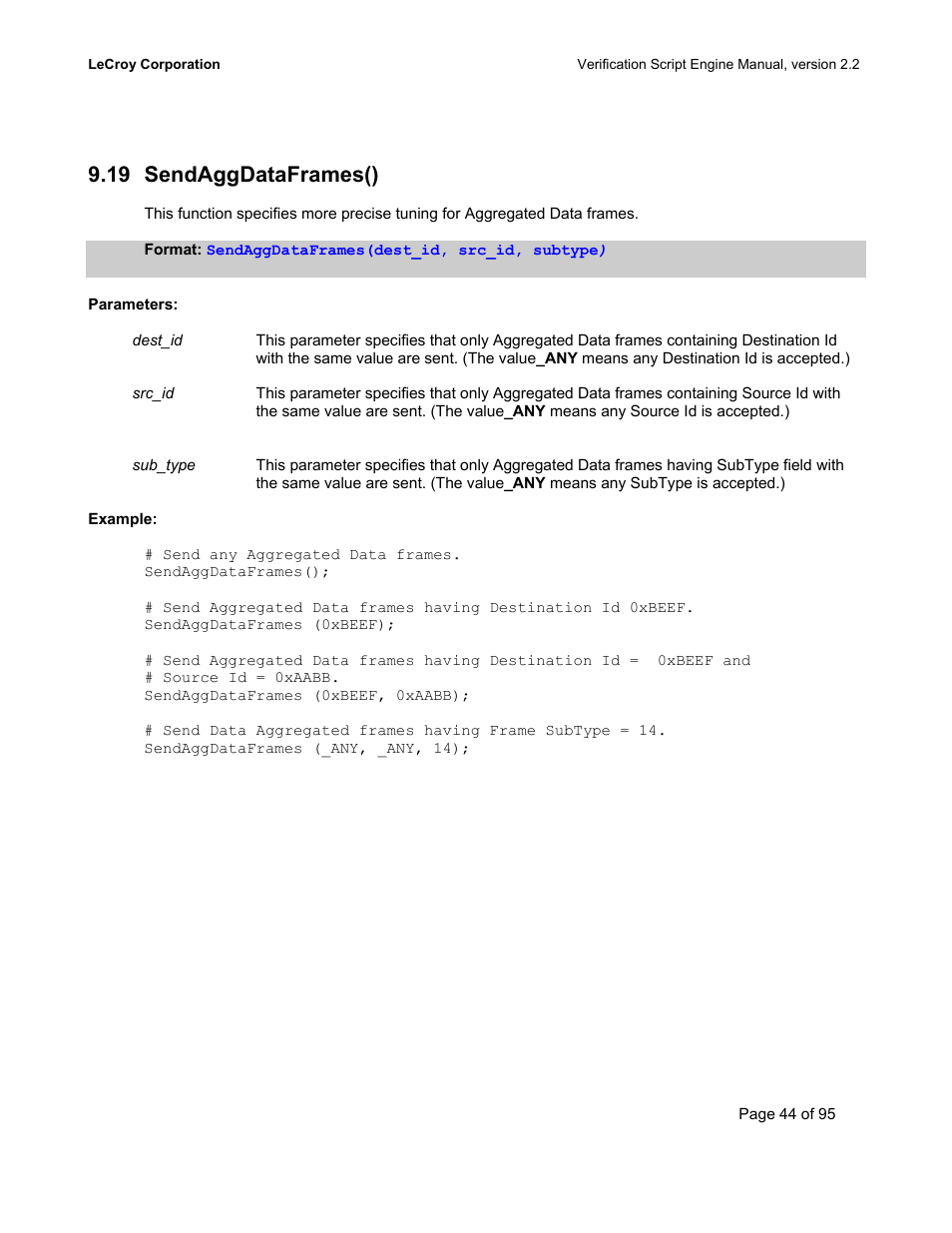 Sendaggdataframes(), Rames, 19 sendaggdataframes() | Teledyne LeCroy UWBTracer Verification Script Engine Manual User Manual | Page 44 / 95