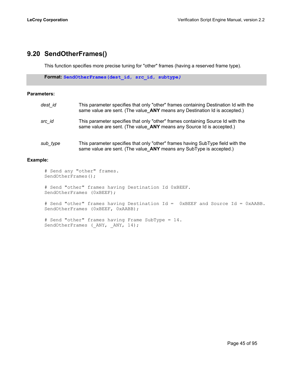 Sendotherframes(), Ther, Rames | 20 sendotherframes() | Teledyne LeCroy UWBTracer Verification Script Engine Manual User Manual | Page 45 / 95
