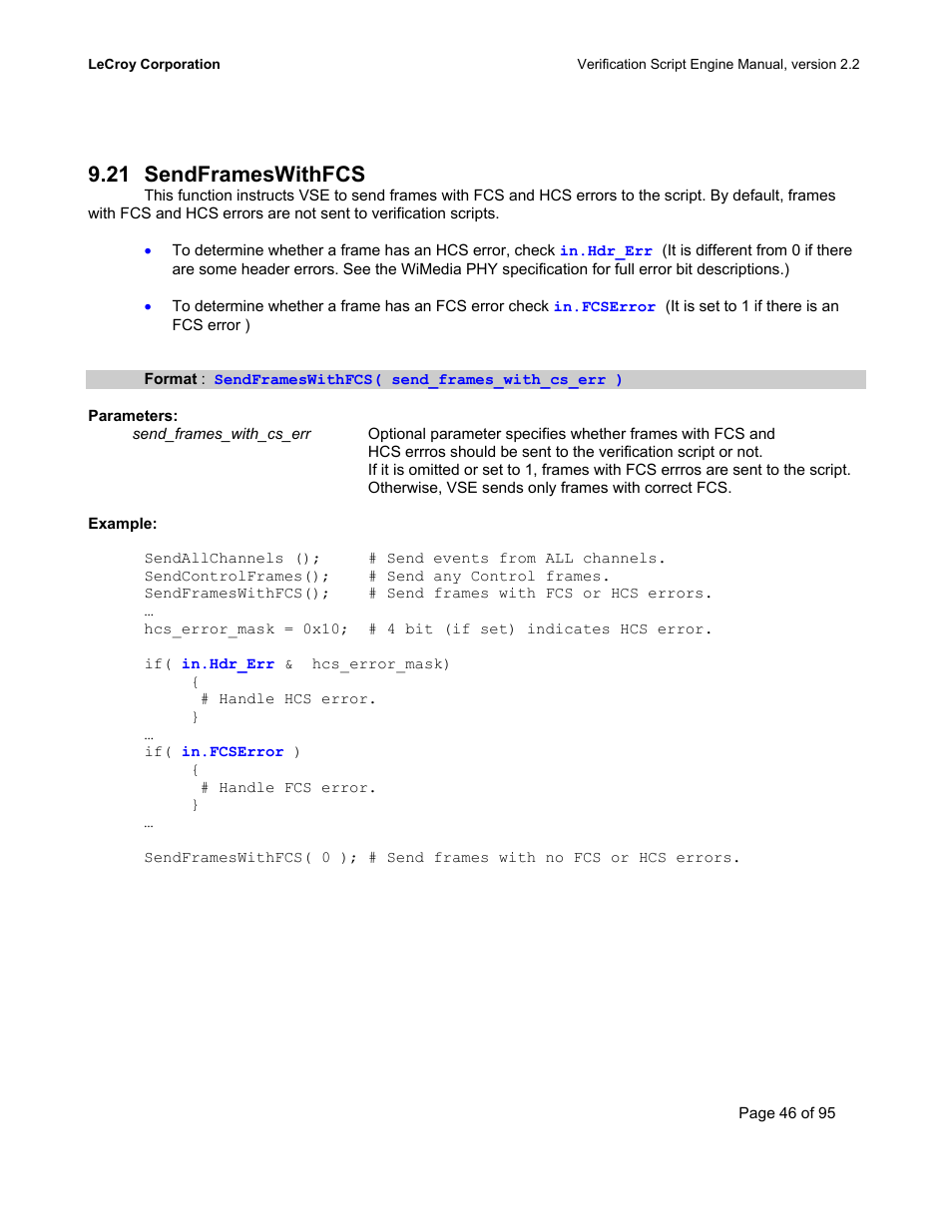 Sendframeswithfcs, Rames, 21 sendframeswithfcs | Teledyne LeCroy UWBTracer Verification Script Engine Manual User Manual | Page 46 / 95