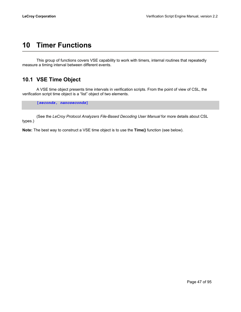 Timer functions, Vse time object, Vse t | Bject, 10 timer functions, 1 vse time object | Teledyne LeCroy UWBTracer Verification Script Engine Manual User Manual | Page 47 / 95